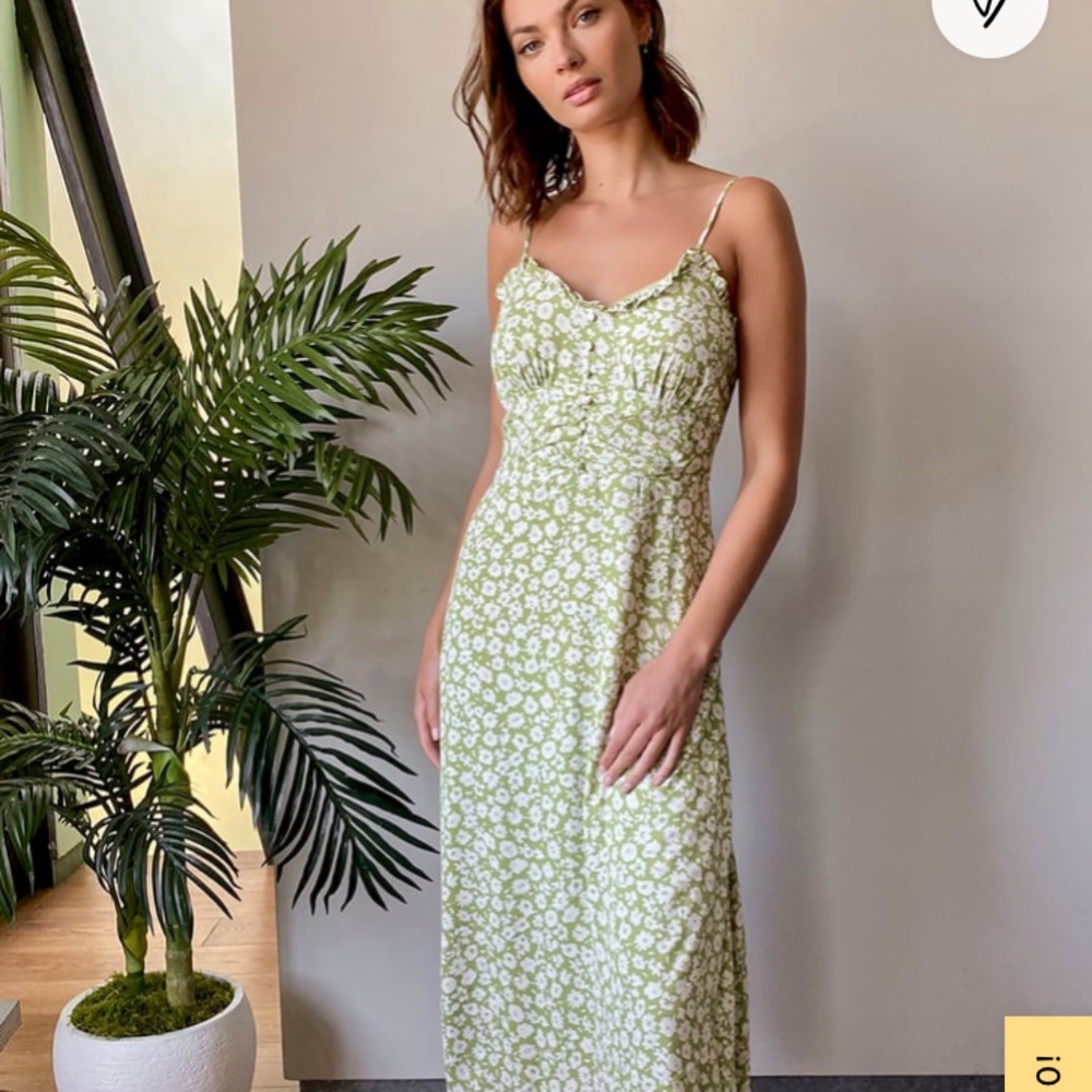 Lulus Tireless Touch Green Floral Print A Line Midi Dress